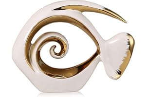 QIANLING Figuras de Peces de cerámica Dorada Blanca - Decoración Costera para el hogar Centros de Mesa oceánicos Modernos para Sala de Estar, Oficina, casa de Playa, Entrada, exhibición en estantes
