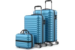 NUMADA-Juego de Maletas de Viaje Rígidas 3pzs. Mod Maleta Cabina 53cm, Maleta Mediana 63cm y Neceser, ABS Eco Friendly, 4 Ruedas Dobles, Resistentes, Ligeras y Seguras (Azul)