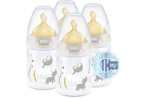 NUK First Choice+ Baby Bottle Set, 0-6 Months, Temperature Control, Anti-Colic Vent, 150 ml, BPA-Free, Latex Teat, Safari (Beige), Pack of 4