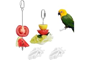 OTKARXUS Budgie Food Holder,2PCS Stainless Steel Parrot Skewer Feeder and 2PCS Plastic Bird Food Clips Set,Bird Treats Fruit Stick Holder Clip Foraging Toy for Parrot Budgie Parakeet Cockatiel Cage