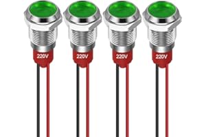 GUUZI 4pcs 10mm Indicador Luz LED 220-230V Luz Señal a Prueba de Agua Panel de Metal Indicador LED Luz Señal Montaje en Panel Cabeza Plana con Cables Carcasa Plateada (Verde)