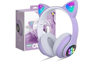 OHAANYY Casque Bluetooth pour Enfants sans Fil,Casque Cat Pliable avec LED Flash Lumières Glow, Enfants Bluetooth 5.0 avec Microphone et Contrôle du Volume, Carte Slot pour PC/Tablettes/TV (Violet)