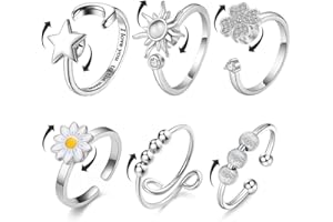 Angst-Fidget-Spinning-Ringe Stimmungsring - 6-teiliger Anti-Stress-Ring Verstellbarer Stimmungsring, Sonne Stern Mond Gänseblümchen Kleeperlen Angstlöseringe, Geschenke für Frauen Männer