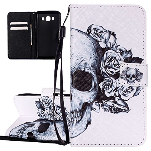 Hülle für Samsung Galaxy J5 2016, Tasche für Samsung Galaxy J5 2016, Case Cover für Samsung Galaxy J5 2016, ISAKEN Malerei Muster Folio PU Leder Flip Cover Brieftasche Geldbörse Wallet Case Ledertasche Handyhülle Tasche Case Schutzhülle Hülle Etui im Bookstyle mit Handschlaufe Strap Standfunktion Magnetverschluss und Karte Halter für Samsung Galaxy J5 2016 5.2 Zoll - Skull Blumen