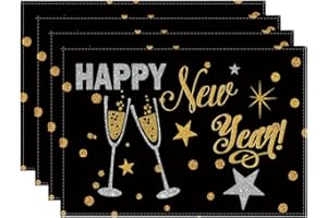 Artoid Mode Cheers Black and Gold 2025 Happy New Year Placemats Set of 4, 30 x 45cm Seasonal Winter Xmas Holiday Vintage Washable Table Mats