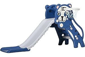 AIYAPLAY Scivolo per Bimbi 18-36 Mesi con Canestro da Basket Laterale, Scivolo in Plastica, 133x60x70 cm, Blu e Grigio