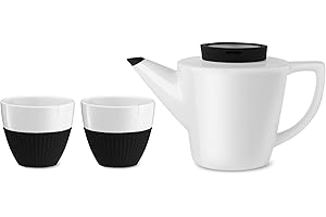 Viva Scandinavia Service à thé, théière et 2 tasses en porcelaine, infuseur thé en acier inoxydable, théière 1 L, tasses à thé 250 ml, blanc et couvercle noir