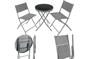 TecTake® Garden Bistro Set, Garden Chairs & Glass Top Outdoor Table, Robust Steel Frame, Protecting Rubber Feet, Easy Clean, Quick Setup, Space-Saving Design for Patio, Conservatory, Balcony - grey