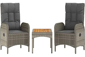 Festnight 3-TLG. Polyrattan Gartenmöbel Essgruppe Gartensessel Polyrattan Verstellbar Liegesessel mit Kissen und Tisch Gartenstuhl Hochlehner Verstellbar Outdoor Sitzgruppe Balkonmöbel Grau