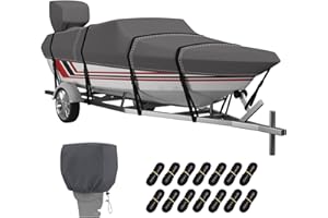 VINPATIO 600D Boat Cover Bass Boat Cover with Boat Motor Cover, 14-16 ft Heavy Duty Boat Covers 100% Waterproof Marine Grade Trailerable Boat Cover Fits V-Hull Runabout Fishing Boat Bass Boat, Grey
