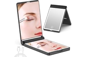 WOBSION LED Specchio Portatile Con Ricarica USB,Specchio Da Viaggio Con Ingrandimento 1X/3X,Specchietto Da Borsetta Pieghevole A 300°,Interruttore Magnetico,Regalo Per Lei(Nero)