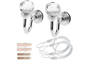 Nsiwem 2 Piezas Ganchos de Cortina de Metal Alzapaños Cortinas Cortina Tieback Hook Corbata Trasera Gancho con Bola de Cristal y 2 pcs Cordón para Cortinas Montado en Pared Plata