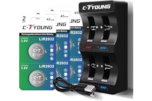 CTYOUNG Lir2032 Rechargeable Battery Replace Cr2032 Batteries with Charger 6 Pack- 3.6V Lithium Ion Coin Cell