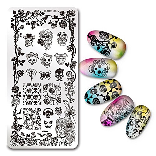 Born Pretty 1Pc Rectangle Stamping Plate SKull Rose Pattern Nail Art Image Plate Harunouta L035