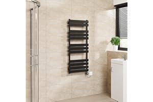 Warmehaus Flat Panel Electric Heated Towel Rail Touch Screen Timer Bathroom Radiator Prefilled Black 1200x500mm 600W