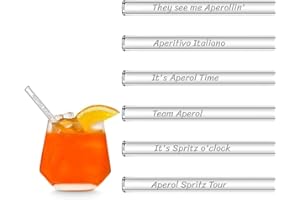 HÅLM HALM Pajitas de vidrio Aperol Spritz Set de regalo | 6 unidades rectas 15 cm para vasos de Aperol spritz | 6 frases divertidas Accesorios para cócteles | Pajitas de cristal reutilizables grabadas