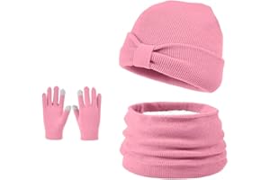 Enwokran Kids Winter Warm Beanie Hat Scarf Gloves Set, Fleece Lined Knit Hat with Twist Bow Knit Scarf Neck Warmer Touchscreen Gloves for Children Aged 3-8