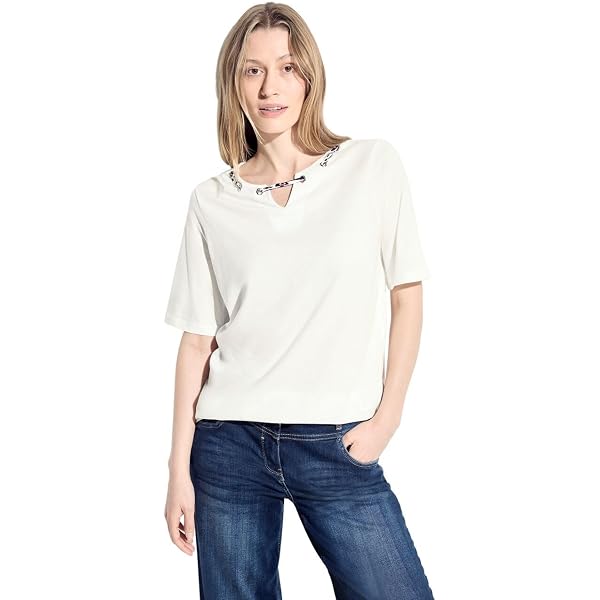 CECIL Damen T-Shirt Lässig Modern – Kurzarm Mit Print, Geschlitzter Ausschnitt & Gummibund