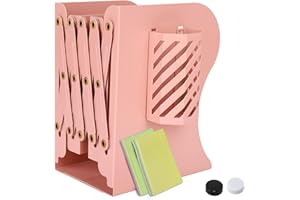 Book Ends,DARUITE Metal Bookends with Detachable Pen Container,Adjustable Non-Skid Heavy Duty Book Stopper, Bookends Holder for Shelves,Book Dividers for Library Home Classroom School Office(Pink)