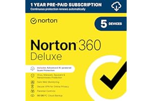 Norton 360 Deluxe 2026, Antivirus software for 5 Devices and 1-year subscription with automatic renewal, Includes Secure VPN and Password Manager, PC/Mac/iOS/Android, Activation Code by email