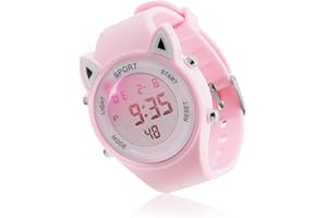 teasteam Reloj digital para niños y niñas, resistente al agua hasta 30 m, con orejas de gato rosas y luces, caja de resina, reloj de pulsera luminoso, juguete para niños, cumpleaños, Acción de Gracias