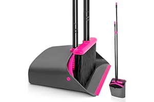 JEHONN Broom and Dustpan Set, 137 cm Long Handled Sweeping Brush and Upright Standing Dust Pan with Comb Teeth for Indoor Home Kitchen Lobby Garden Office Room ((Rose Red)
