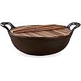 HomeEssentials Cast Iron Kadai with Wooden Lid | Pre Seasoned Iron Kadai with Handles and Flat Base | Iron Wok for Cooking | Uncoated Kadai for Electric Induction (25cm)