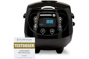 ‎REISHUNGER REISHUNGER Digitaler Reiskocher klein, schwarz | 0,6 L bis 3 Personen | Warmhaltefunktion, Timer & Premium Topf | Kleiner Multikocher & Dampfgarer, 8 Programme, 7-Phasen-Technologie