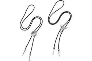 Hioip 2Pcs Leather Tie Necktie Cow Skull Texas Ranger Star Chain, Rodeo Bolo Tie Mens Leather Necklace Adjustable Vintage, Unisex Wild West Theme Cowboy Accessories, Bull Head⋆ Buckle Decors