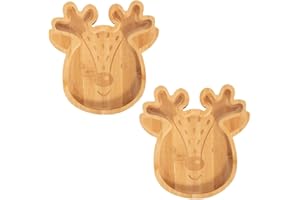YöL Pack of 2 Kids Bamboo Christmas Dinner Plate - Festive Reindeer Wooden Serving Tray for Children Baby Toddler - Eco-Friendly Dinnerware - 19.5cm x 20cm