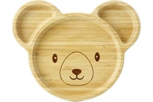 PandaEar Assiette bébé en bois de bambou avec ventouse - Assiette en bambou naturel ventouse - Plaque d'alimentation pour enfants et tout-petits - Antidérapant (Panda)
