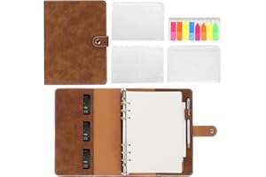 Femolity Leather A5 Ring Binder Notebook, 6 Ring A5 Binder with A5 Refill Papers, Binder Pockets and PVC Sticky Notes, Travel Binder Journal Personal Planner with Ring Binder Brown