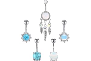Funseedrr 5pcs Piercing Ombligo Anillo Acero Quirúrgico 14G 10mm Barras del Vientre Cuelgan Ópalo Turquesa Curvados Barbells Cuerpo Piercing Joyas Plata Oro Rosa
