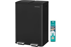 SONGMICS Kosz kuchenny, 2 x 30 litrów, 2 komory, kosz na śmieci, kosz kuchenny z pokrywą zamykaną na zatrzask i wewnętrznym wiadrem, stalowy, zawiera 15 worków na śmieci, czarny jak smoła LTB741B02