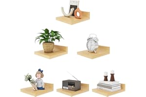 IBUYKE Mała pływająca półka, drewniana półka ścienna, zestaw 6 sztuk, stojaki ekspozycyjne, półka wisząca do sypialni, łazienki, kuchni, naturalne drewno RF-GB505N-6