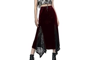 FDKLOOK Womens Gothic Skirt Velvet High Waist Patchwork Irregular Vintage Goth Clothes Punk Midi Lace Skirts