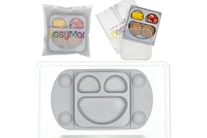 EasyMat Mini Portable Silicone Baby Suction Plate by EasyTots | Lid and Carry Case Included | Travel Friendly | Perfect Placemat for High Chair Feeding & Baby Led Weaning (Grey)