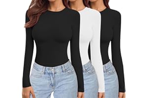 Ekouaer Conjunto de 3 Camisetas térmicas de Manga Larga con Cuello Redondo para Mujer, Camiseta elástica Ajustada con Capa Interior XS-XXL