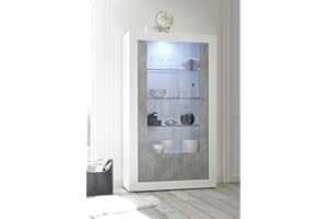 Dmora Vetrina Moderna con scaffali, Made in Italy, Credenza con Anta a Vetro, Mobile da Soggiorno, Vetrinetta, cm 110x42h190, Colore Bianco Lucido e Cemento