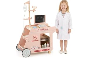 COSTWAY Barnläkarvagn, träläkarset med 23 tillbehör, rollspel läkarvagn med CT-maskin och stetoskop, lekläkarmottagning, medi