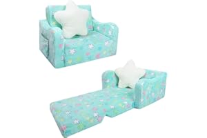 DECALSWEET Divano Bambini Trasformabile 2-in-1,Poltroncina Pieghevole per Bambini con Cuscino a Forma di Stella,Comoda Divano Letto per Bambini per Camere da Letto e Soggiorno,Regalo per Ragazze,Stella Blu