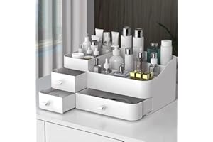 Queta Organizer do makijażu Duży organizer do makijażu z 3 szufladami, pudełko do makijażu nadaje się do biżuterii, pędzli, szminki i kremów, 8 przegródek