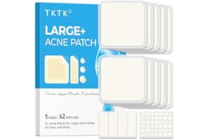 TKTK Large Pimple Patches, 60 mm XL Acne Patches, Big Hydrocolloid Bandages for Body, Face, Forehead, Chin, Neck Zit Breakouts, Hydrocolloid Patch (Square, Strip, Dot 5 Sizes 62 Count)