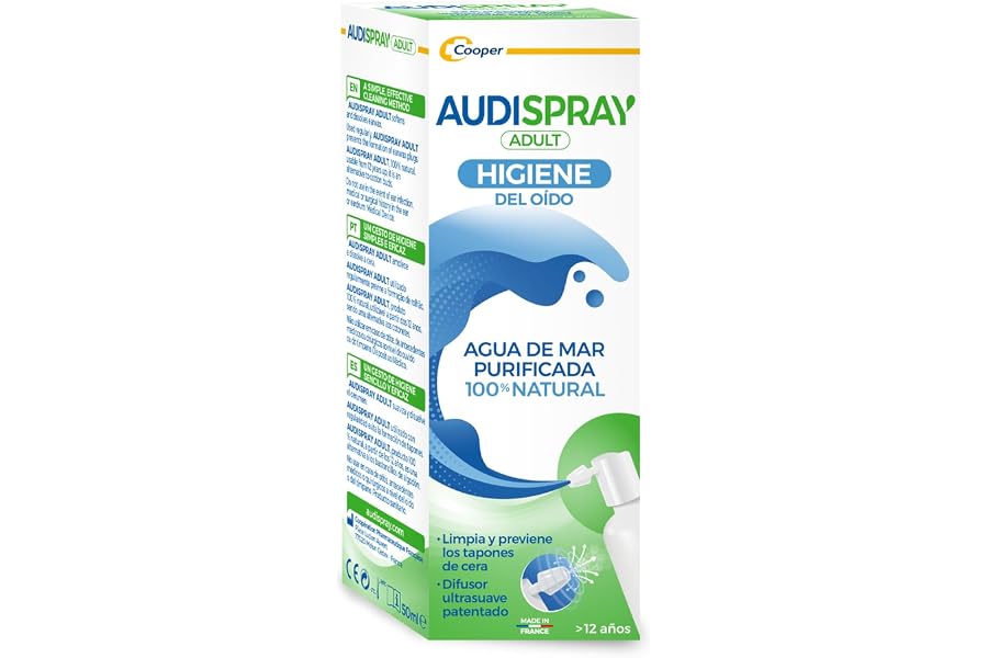 AUDISPRAY Adult para la higiene del oído diaria con 100% agua de mar purificada, Limpia y previene la formación de tapones de
