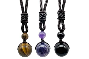 Purekay 3 Tira Cadena de la Suerte Obsidiana Ojo de Tigre Amatista Piedra Perla Colgante Ajustable Curación Amuleto Chakra Natural Colección Unisex