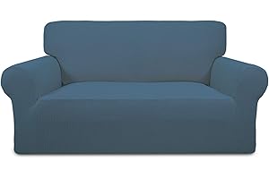 Greatime Stretch Loveseat Slipcover 1-Piece Sofa Cover Furniture Protector Couch Soft with Elastic Bottom for Kids, Spandex Jacquard Fabric Small Checks(Loveseat,Bluestone)