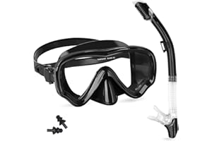 Snorkel Set Adults, Amiable Anti-Fog Diving Mask, Panoramic View Wide Snorkel Mask, Dry Snorkel and Mask, Tempered Glass Diving Goggles for Adult Snorkelling Swimming