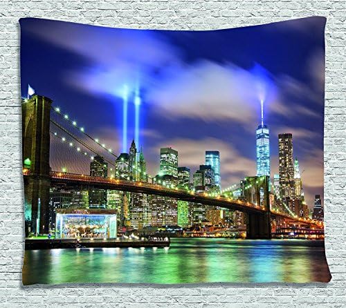 New York Tapestry Wall Hanging, Manhattan Skyline with Brooklyn Bridge and the Towers of Lights in NYC United States, Bedroom Living Room Dorm Decor, 80 W X 60 L Inches, Puple Green