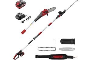 TEENO Cortasetos y Sierra eléctrica 2 en 1,Sierra y Cortasetos Pértiga a Batería con Correa Hombro,Barra Sierra 20 cm,Cortasetos 42 cm y Cuchillas Doble Acción,Incluye batería de 20V 4000mAh