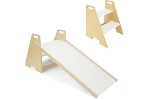 509 Crew 1st Step 2 in 1, Kid's Wooden Slide for 2+, 2 Step Stool for Kid & Adult up to 90kg, Montessori Slide Climber, Training Stool, Anti Slip, Portable Handle, Color Natural White